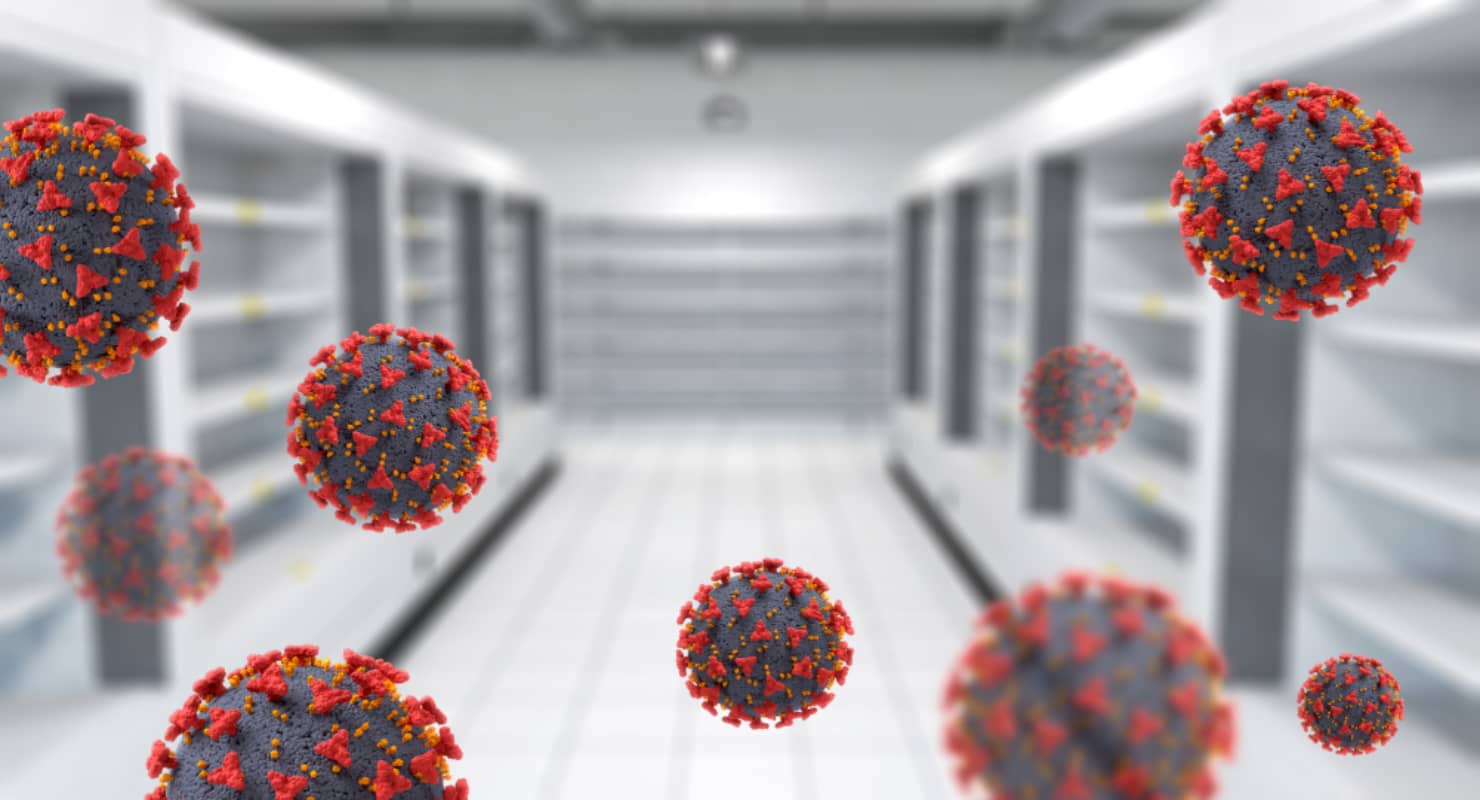 3D interior of a supermarket with empty shelves covid