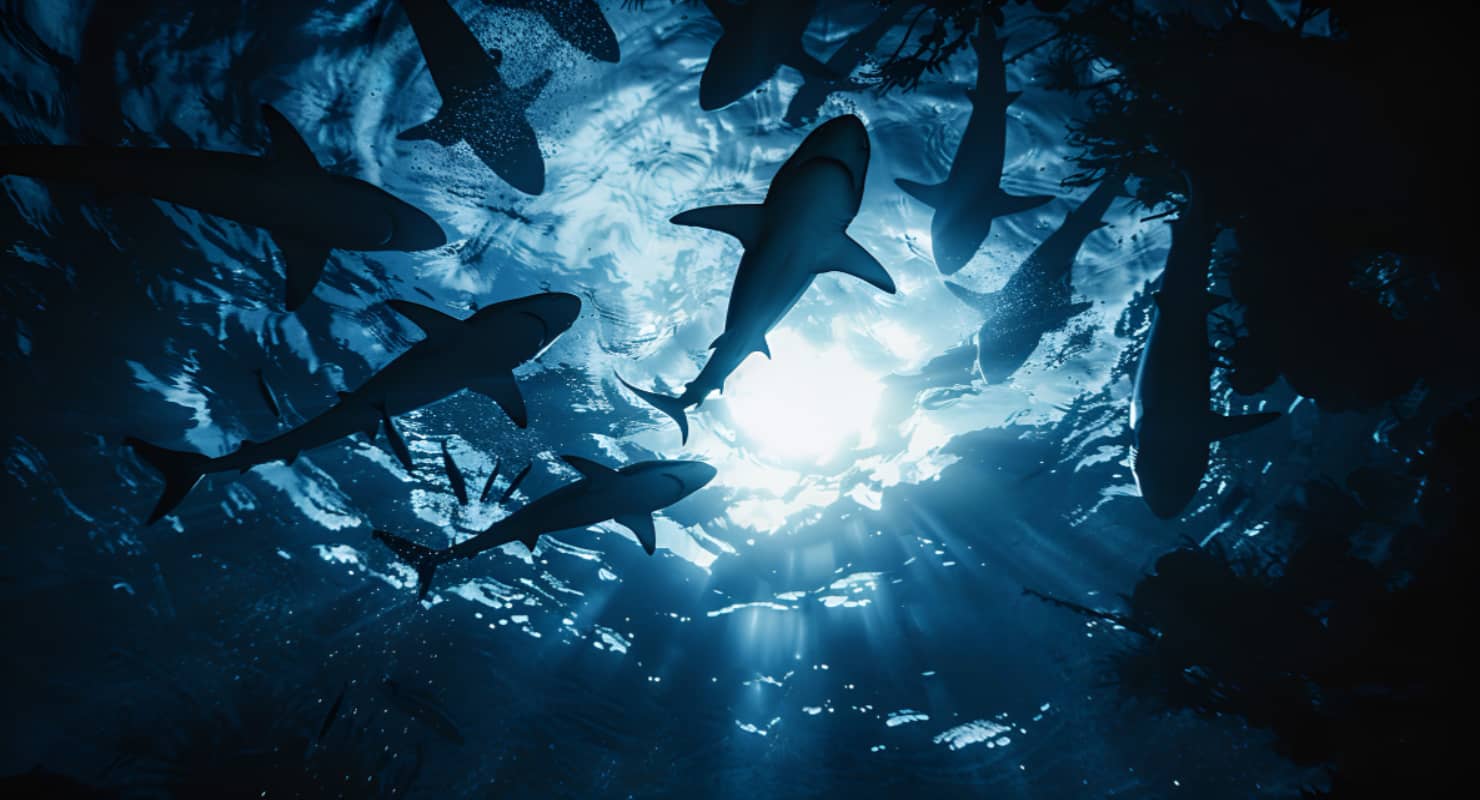 Dangerous shark with sharp teeth hunting in clean transparent water of vast blue ocean