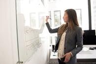 Woman Wearing Gray Blazer Writing on Dry-erase Board